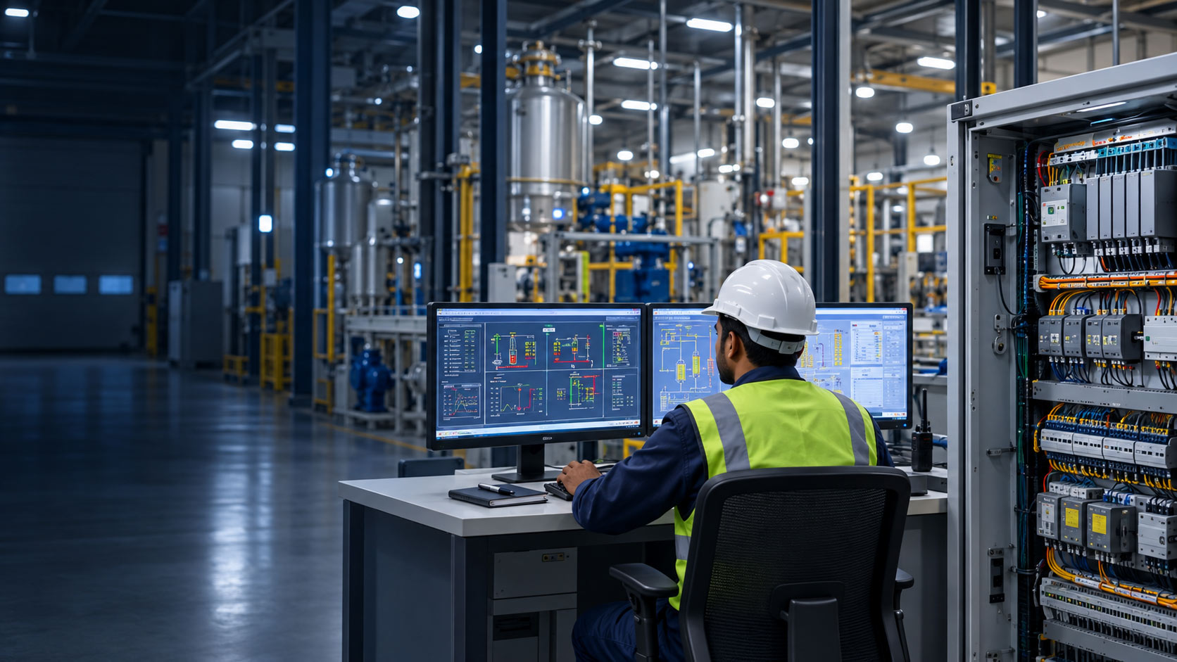 Tvashtra engineer monitoring an automated industrial process beside a PLC control panel
