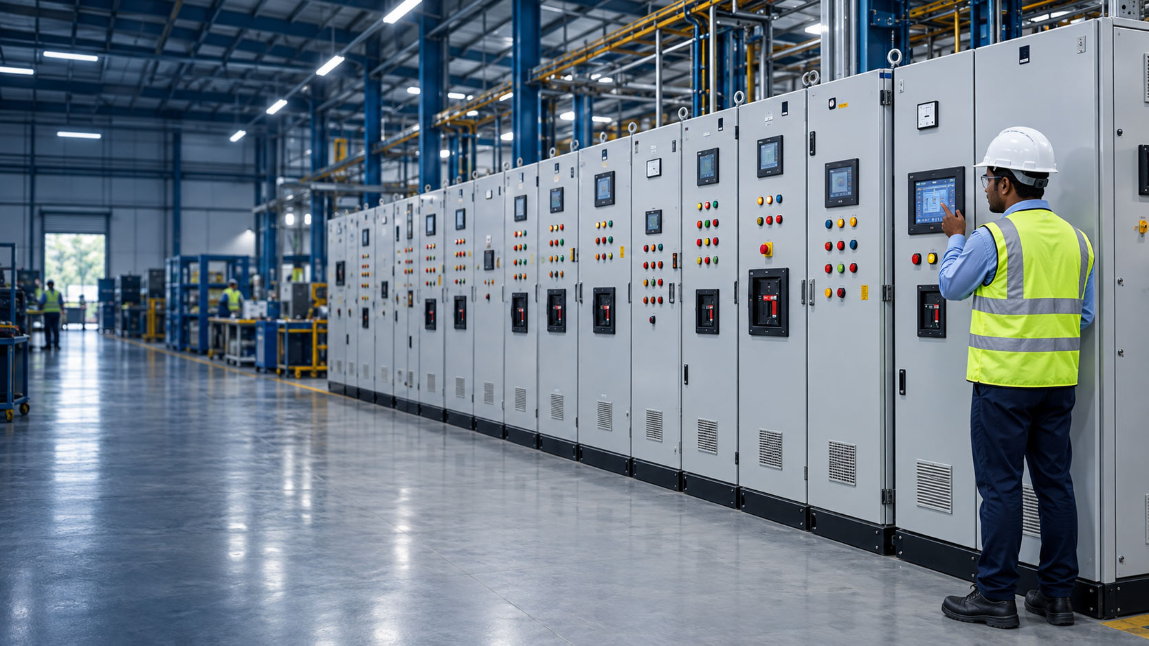 Tvashtra engineer inspecting electrical control panels in a manufacturing facility