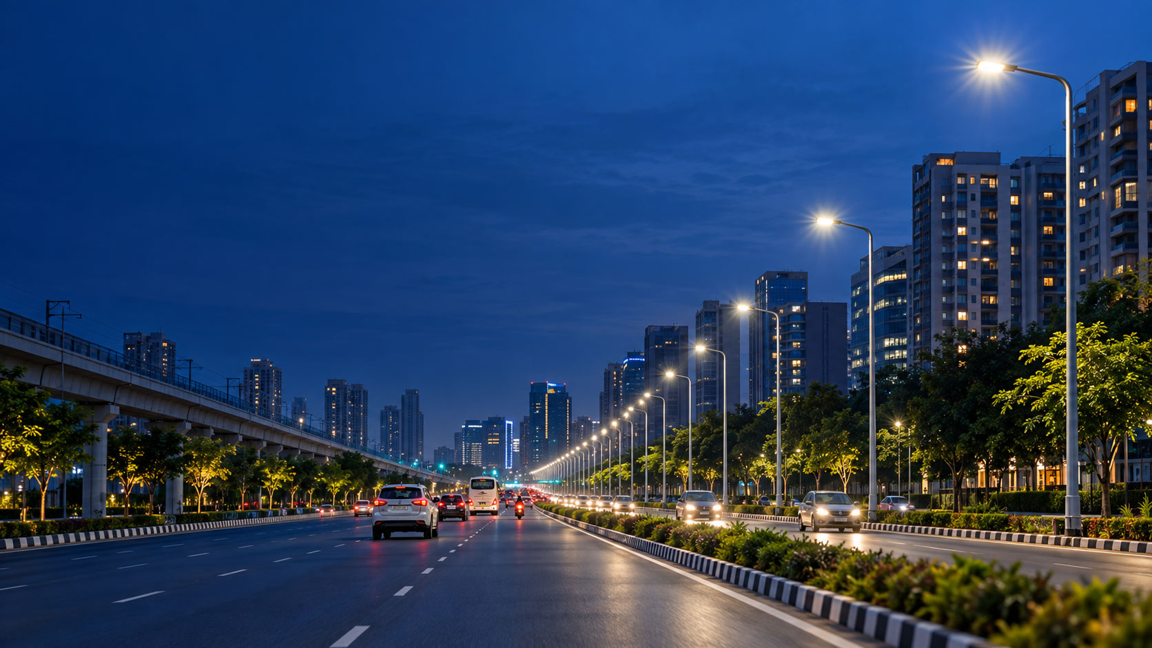 Illuminated multi-lane Indian urban roadway with smart streetlights