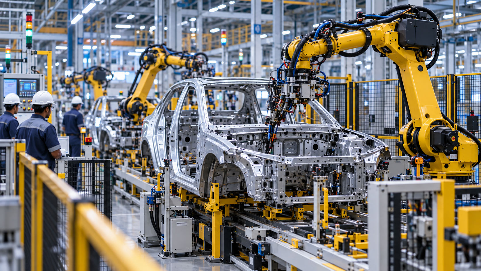 Automated vehicle manufacturing line with industrial robots