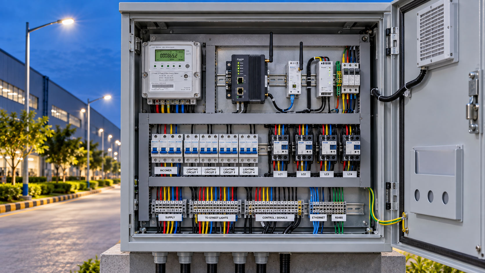 Smart Lighting CCMS panel with metering, protection and communication components