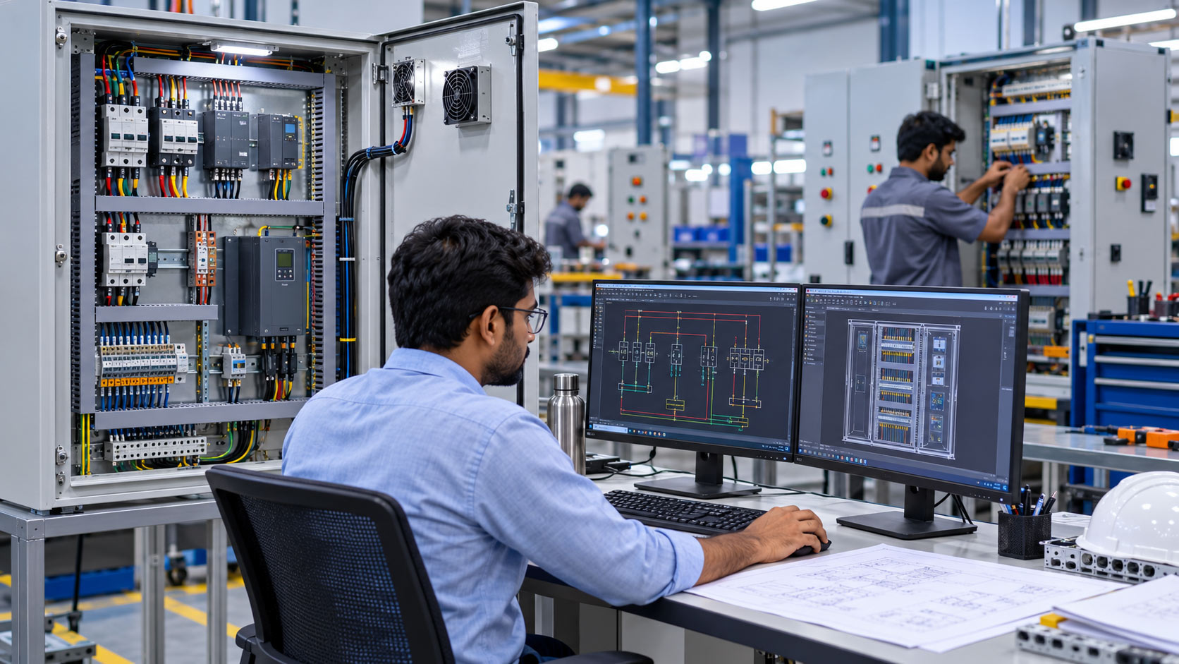 Engineers commissioning a customized electrical control panel