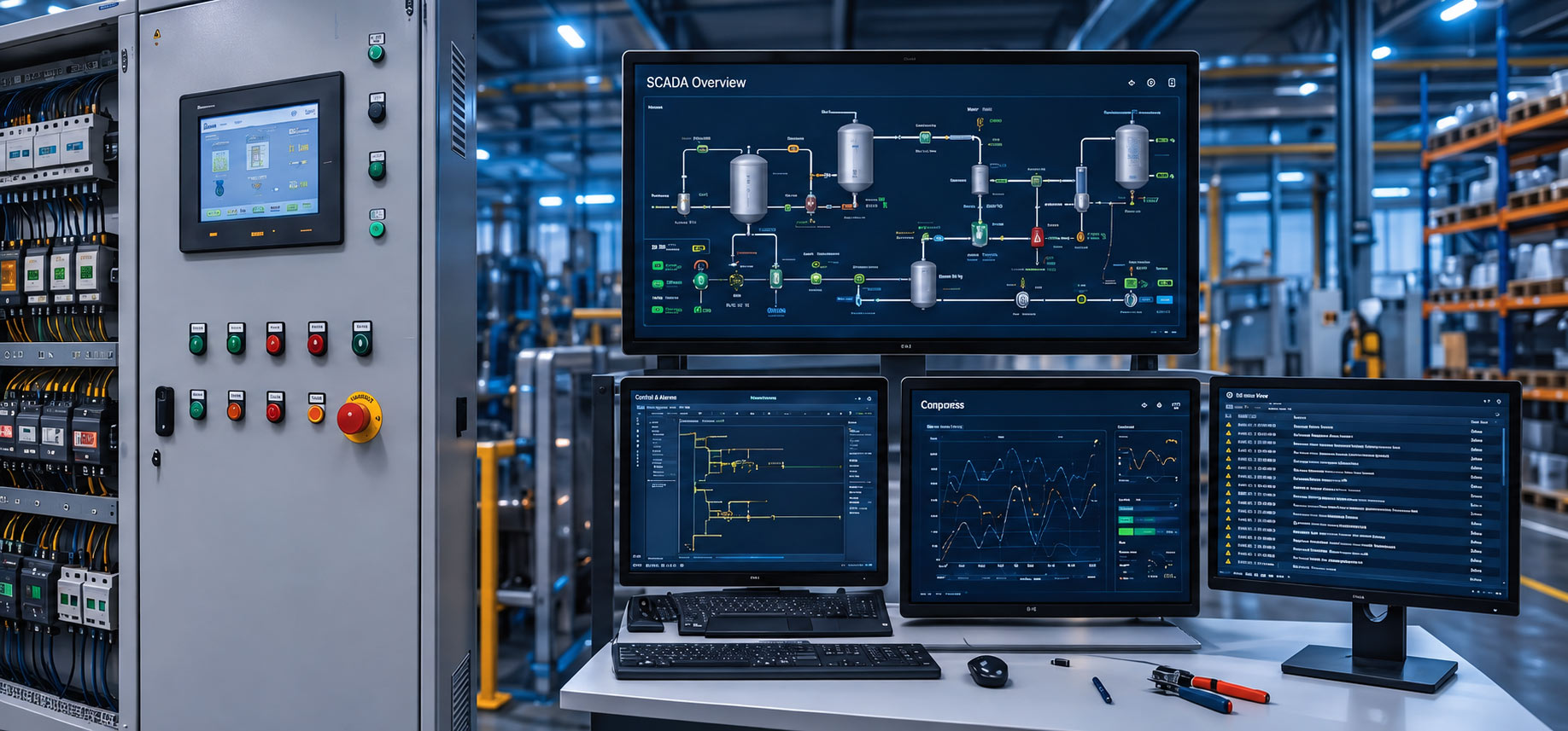 Industrial automation system with control panel, HMI and SCADA monitoring