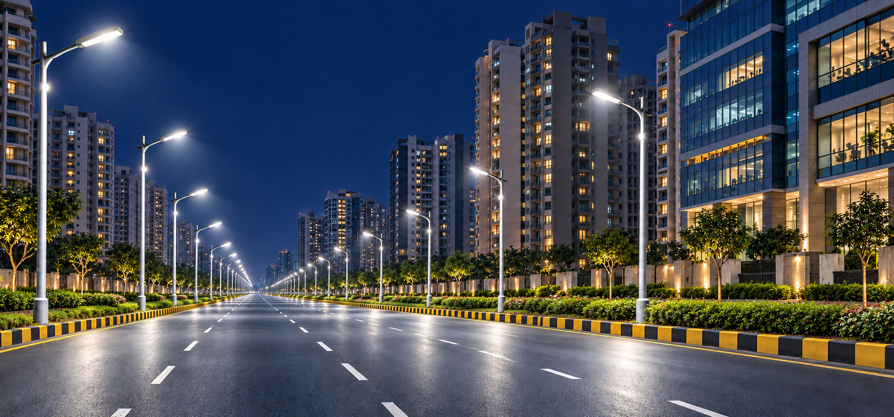 Smart LED streetlight installation illuminating an urban road